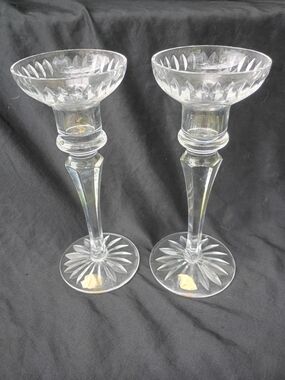 Vtg Pair of Atlantis Georgian Cut Crystal Candlesticks 8" w Original Stickers